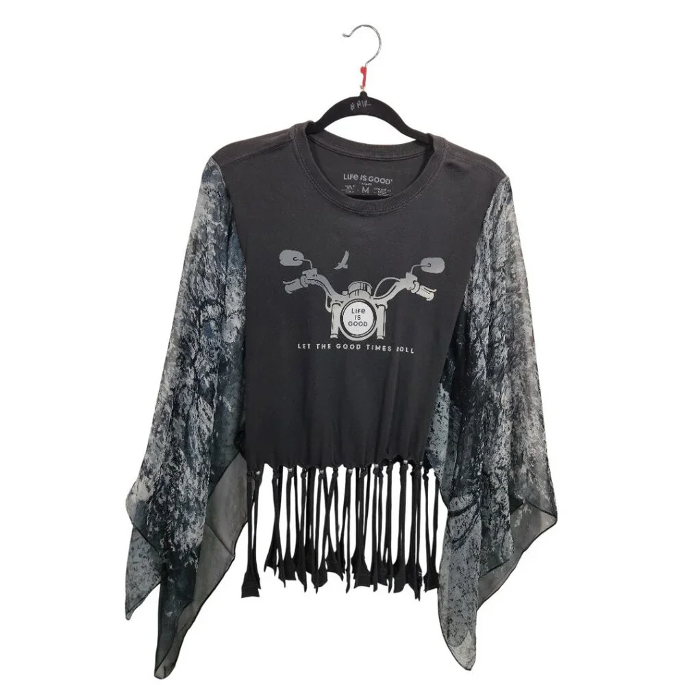 Upcycled T Shirt Poncho Handknotted Beaded Fringe M Life is Good Black